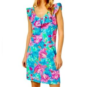 Lilly Pulitzer Alessa Cotton Dress in Surf Blue Luscious Lions Size M